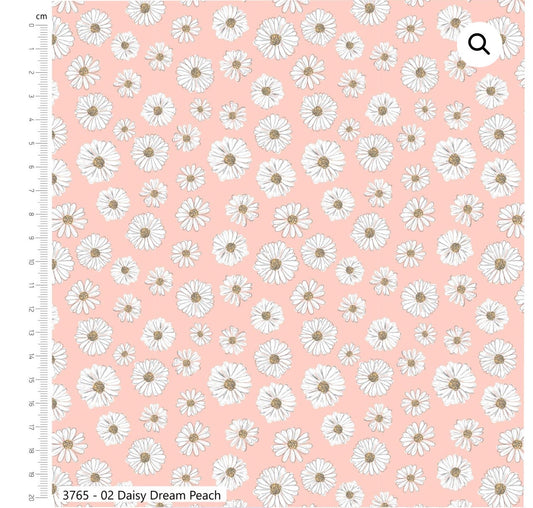 Daisy dream on peach cotton fabric