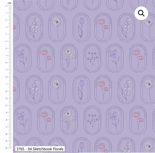 Sketchbook Florals on purple,  part of the Wild  Flower fabric collection by Holly Dennett